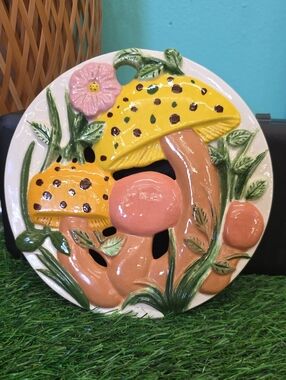 Vintage Handcrafted Ceramic Mushroom Wall Art - Yellow & Pink Arnels 1973